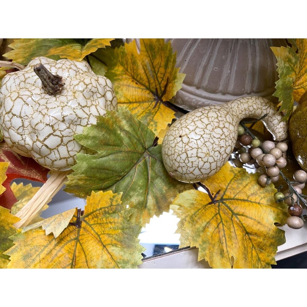 Autumn Harvest Crackle Pumpkin & Gourd Centerpiece With Leaves & Berries